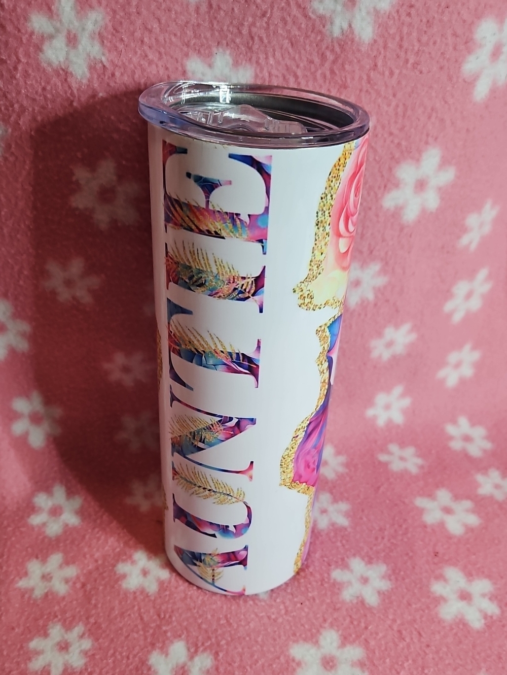 LoPersonalized White Floral (Auntie) Travel Tumbler